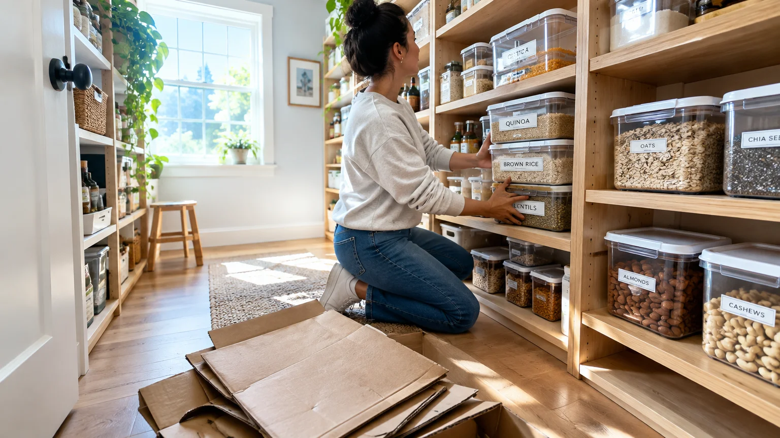 A woman kneels in a pantry organizing clear, labeled plastic food bins on wooden shelves near flattened cardboard boxes.