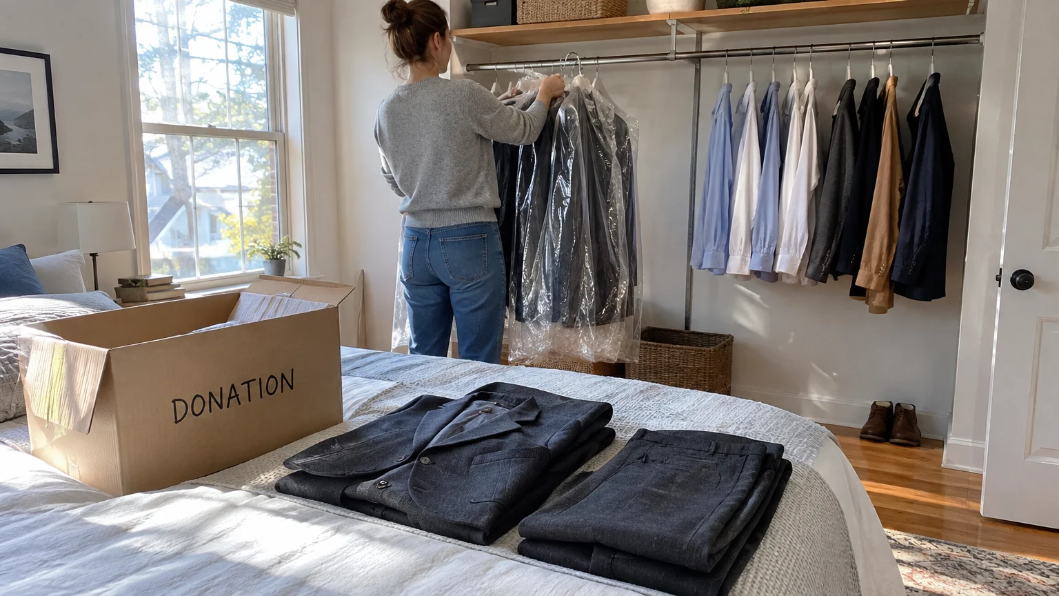Woman sorting dry-cleaned garments from a clothing rack next to a bed with folded suits and a donation box.