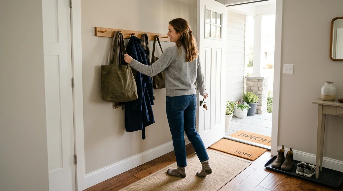 A woman grabs a tote bag from a wall rack beside an open front door with floor runners and a shoe tray.