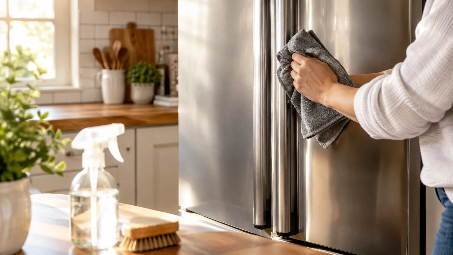 A person using a gray microfiber cloth to wipe the front surface of a stainless steel refrigerator in a kitchen.
