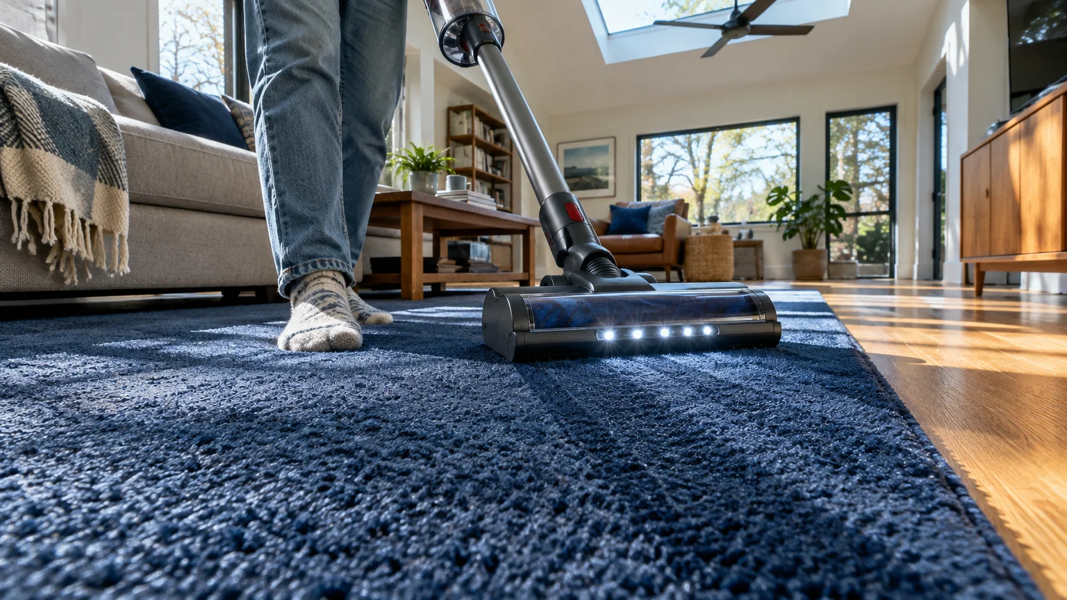 Low-angle view of a stick vacuum with illuminated headlights running across a blue shag rug in a living room.
