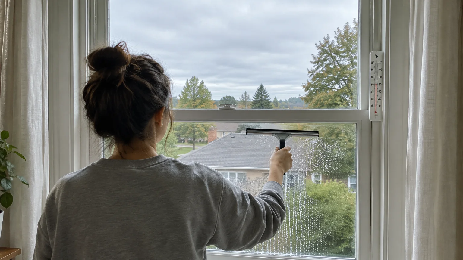 Woman using a squeegee on a soapy window overlooking an overcast sky, with an outdoor thermometer visible on the frame.