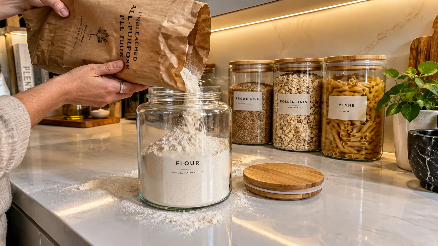 Hands pouring flour from a brown paper sack into a clear glass jar on a marble counter beside other filled pantry jars.
