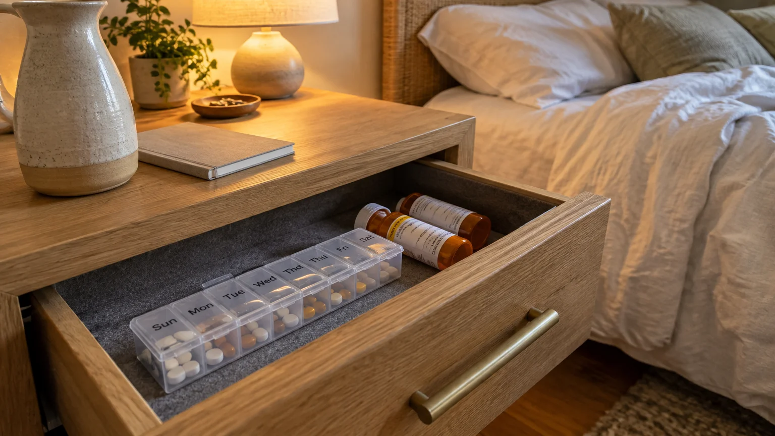 Weekly pill organizer and amber prescription bottles stored inside an open wooden nightstand drawer beside a bed.