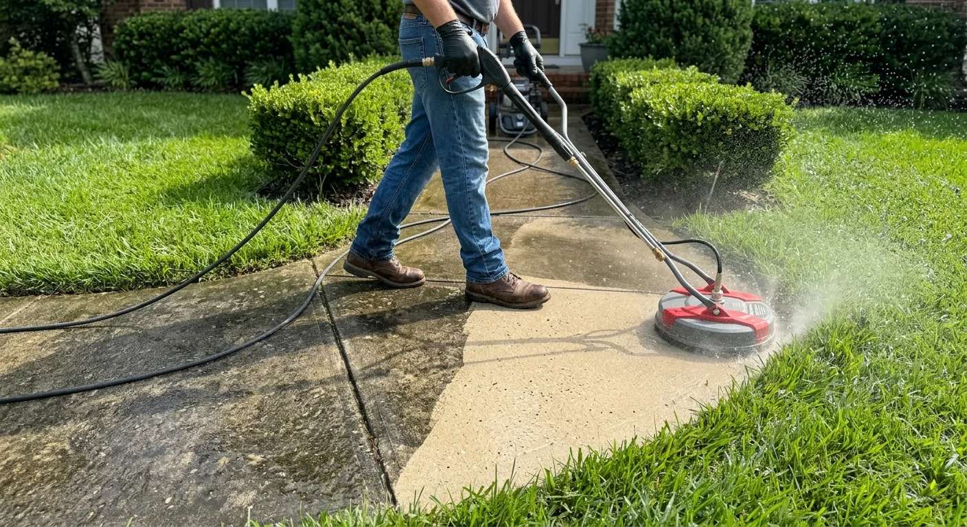 A man uses a circular surface cleaner attachment to pressure wash a dirty concrete walkway between green grass lawns.