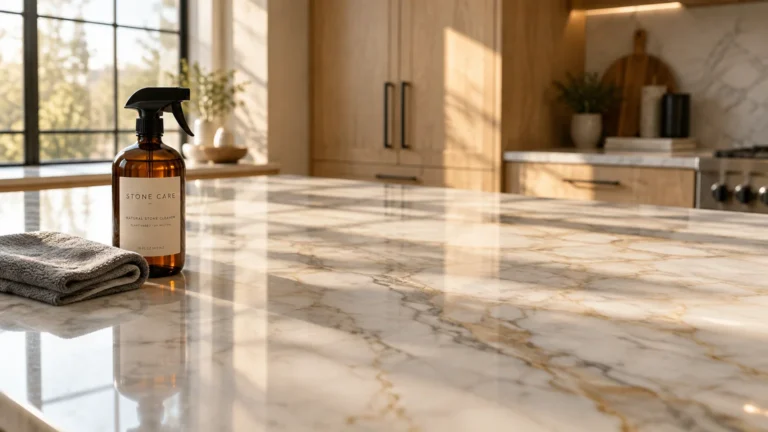 Amber glass spray bottle labeled Stone Care next to a folded cloth on a sunlit marble kitchen island countertop.