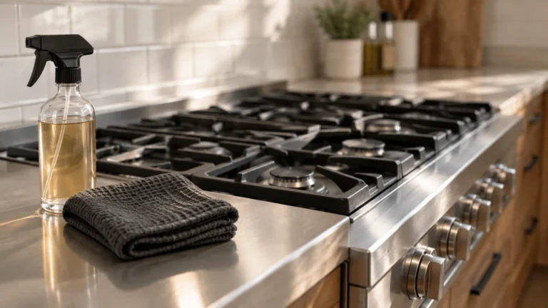 Glass spray bottle and folded grey cloth on a stainless steel countertop next to a gas range.
