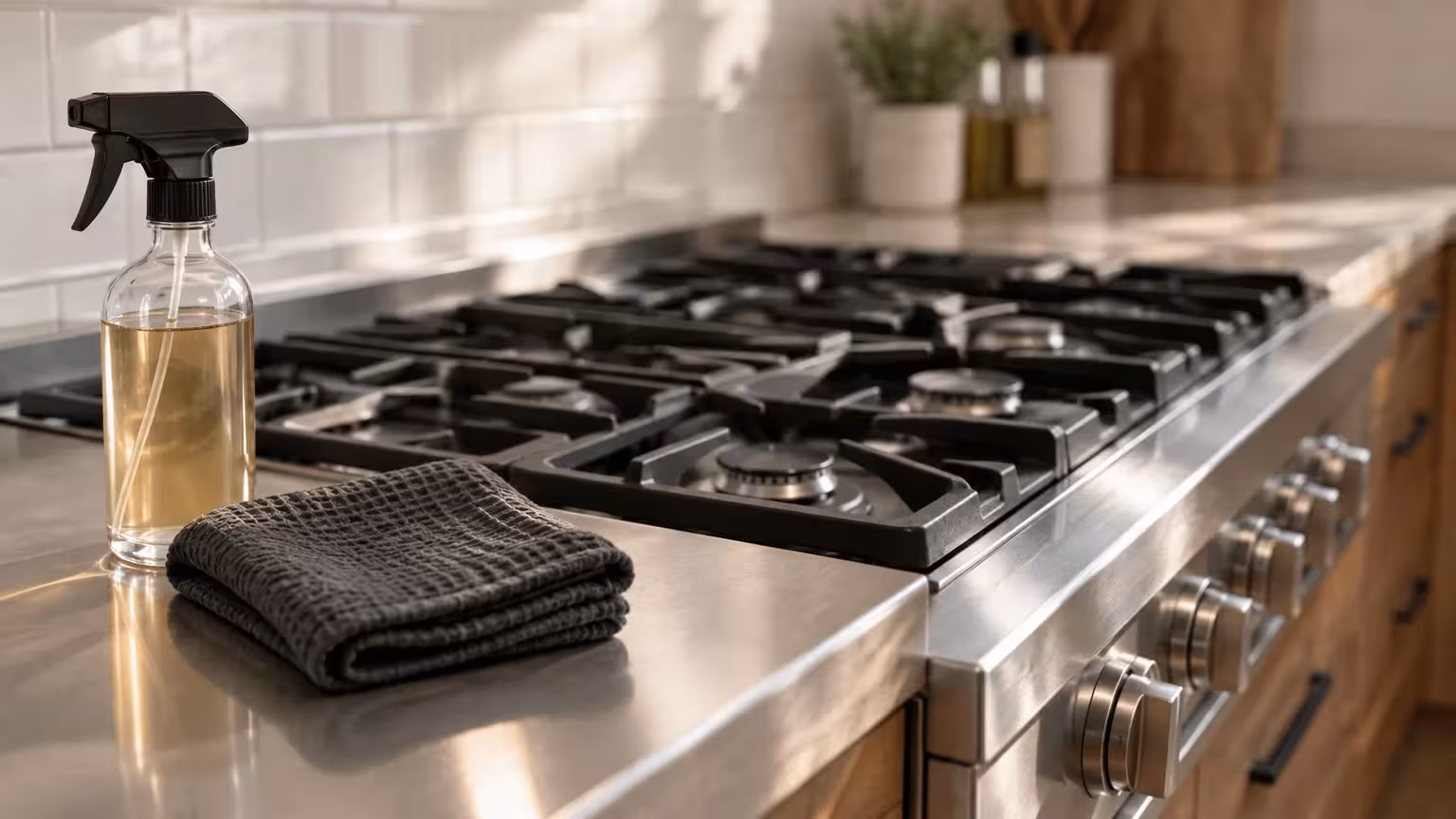Glass spray bottle and folded grey cloth on a stainless steel countertop next to a gas range.