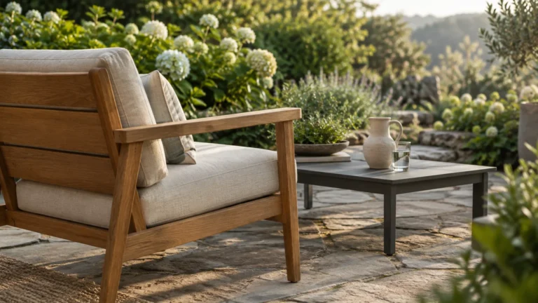 Wooden armchair with beige cushions on a stone patio next to a coffee table, pitcher, and blooming garden.