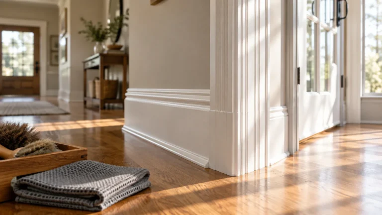 White painted baseboards and door trim on hardwood floors with a cleaning cloth and brushes in the foreground.