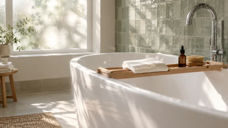 Sunlit freestanding white bathtub with a wooden caddy holding a towel and dropper bottle against a green tiled wall.