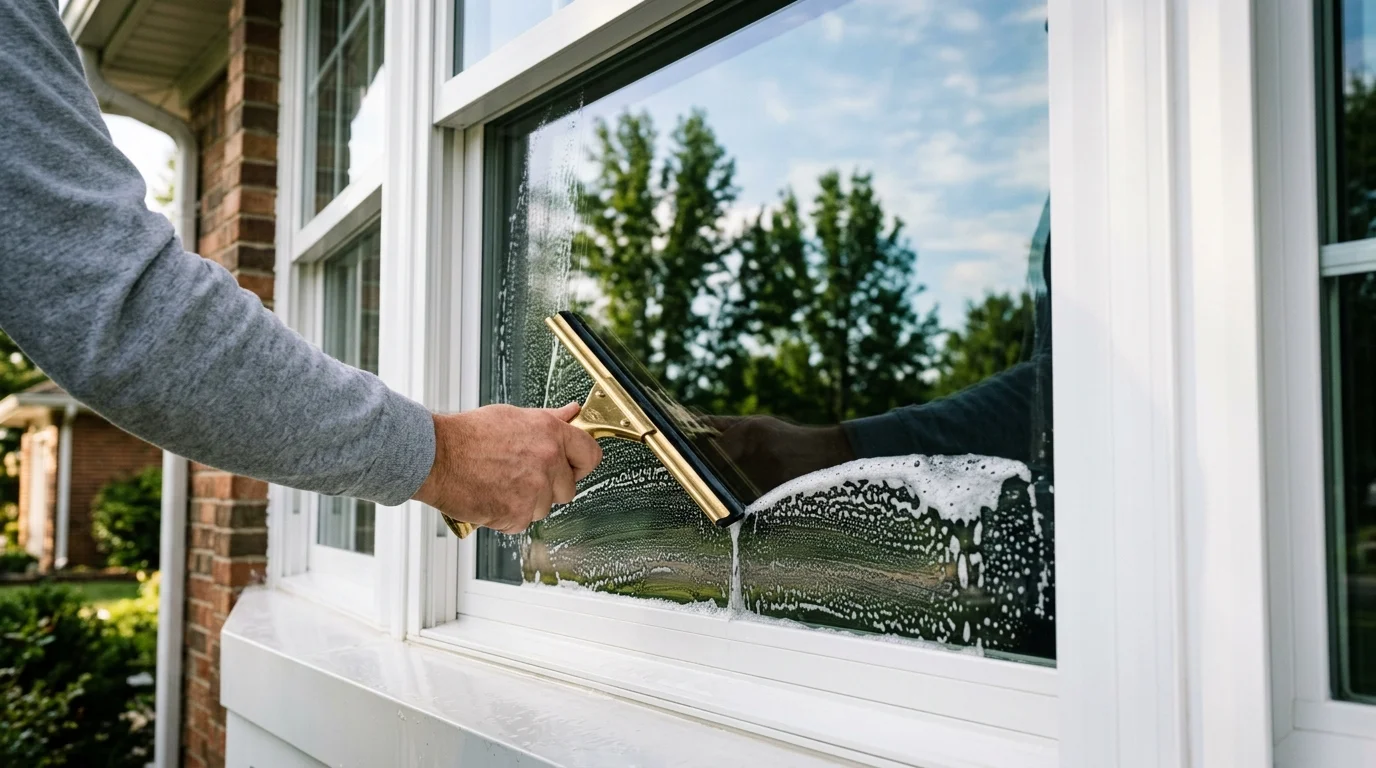 A person cleaning soapy foam off a large exterior house window using a squeegee.