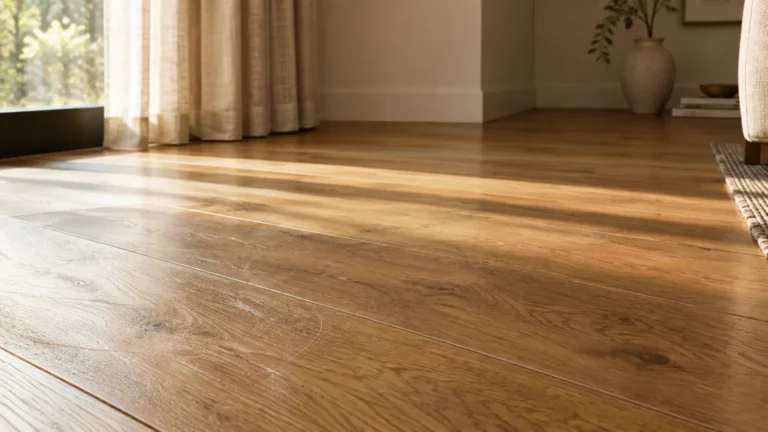 Sunlit wooden floorboards with light scratches and natural grain texture in a bright modern room.