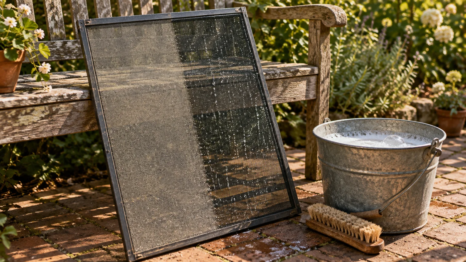 A half-cleaned window screen rests against a wooden garden bench beside a soapy metal bucket and scrub brush on a brick patio.