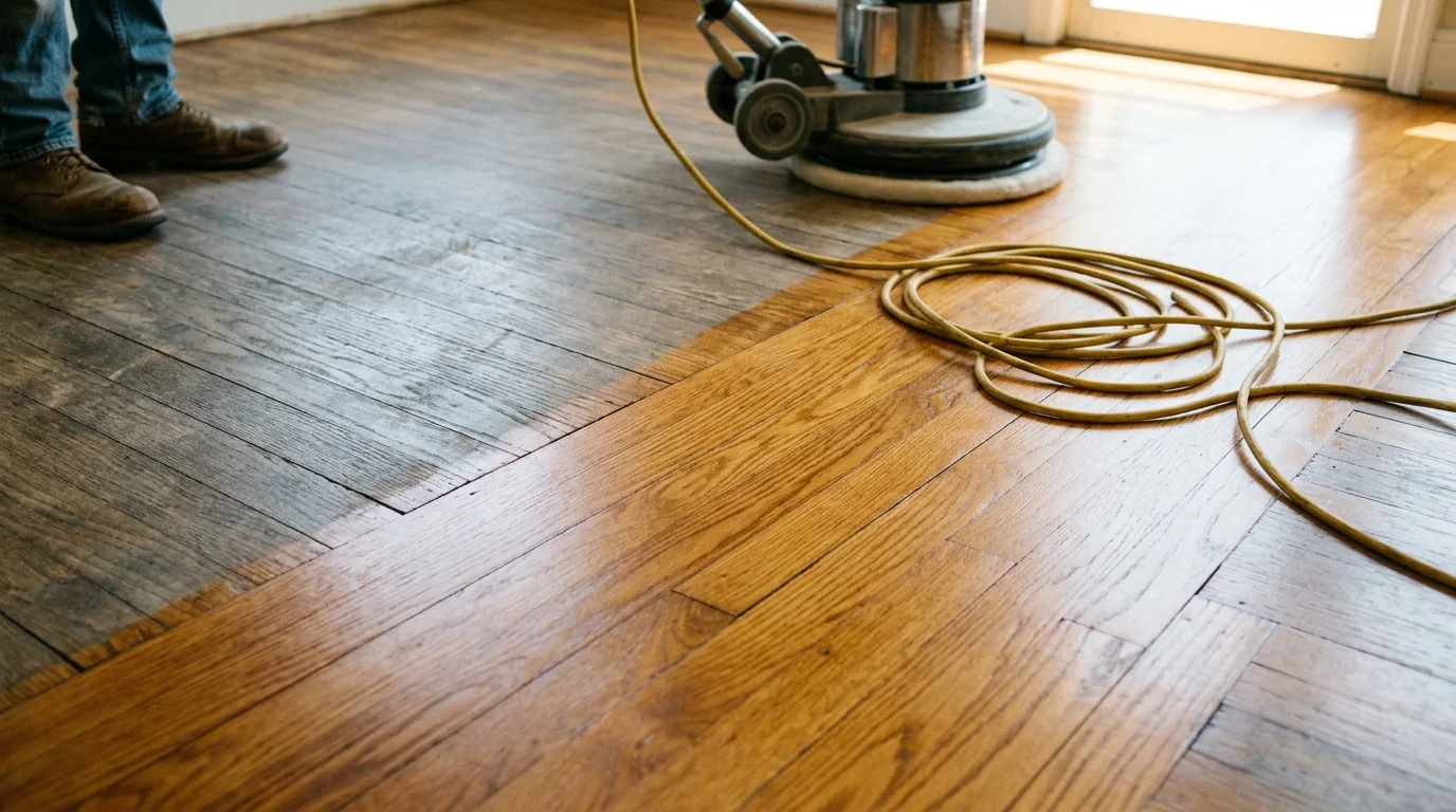 Floor buffer polishing dull wooden floorboards to a bright, warm amber finish beside coiled yellow power cords.