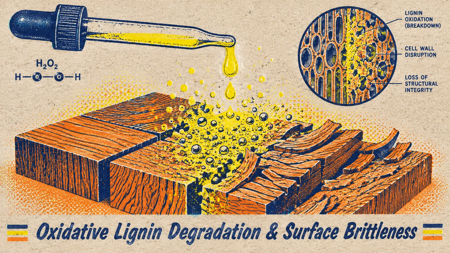 Diagram of a dropper dripping yellow liquid onto fracturing wood blocks, with an inset showing cell wall disruption.
