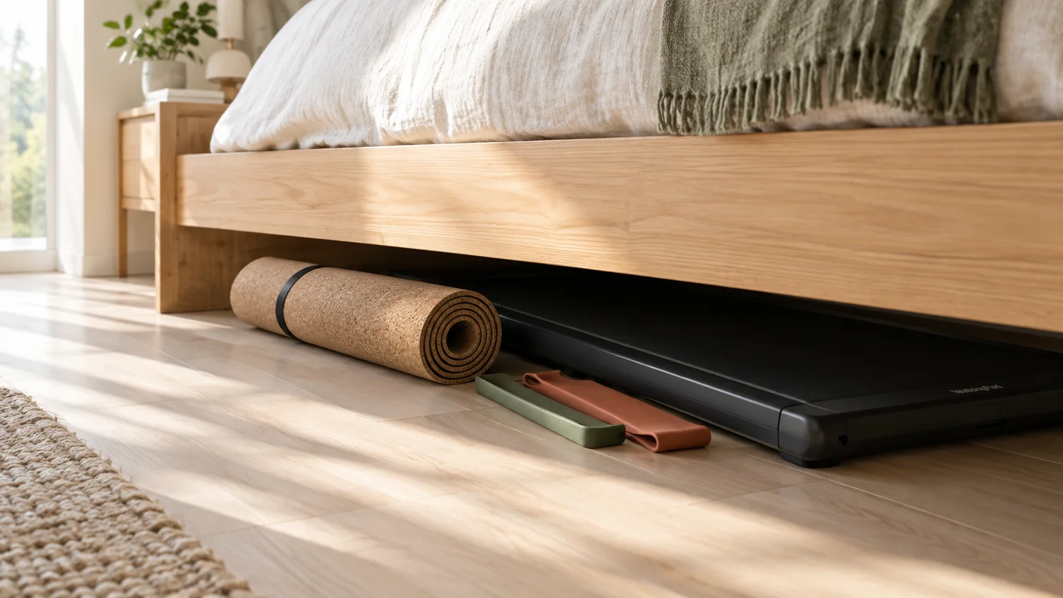A rolled cork yoga mat, resistance bands, and a flat treadmill stored under a low wooden bed frame on light wood floor.
