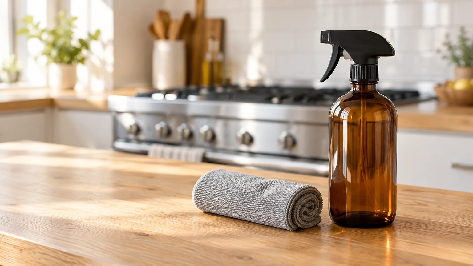 Amber glass spray bottle and rolled grey microfiber cloth resting on a wooden kitchen counter in front of a stove.