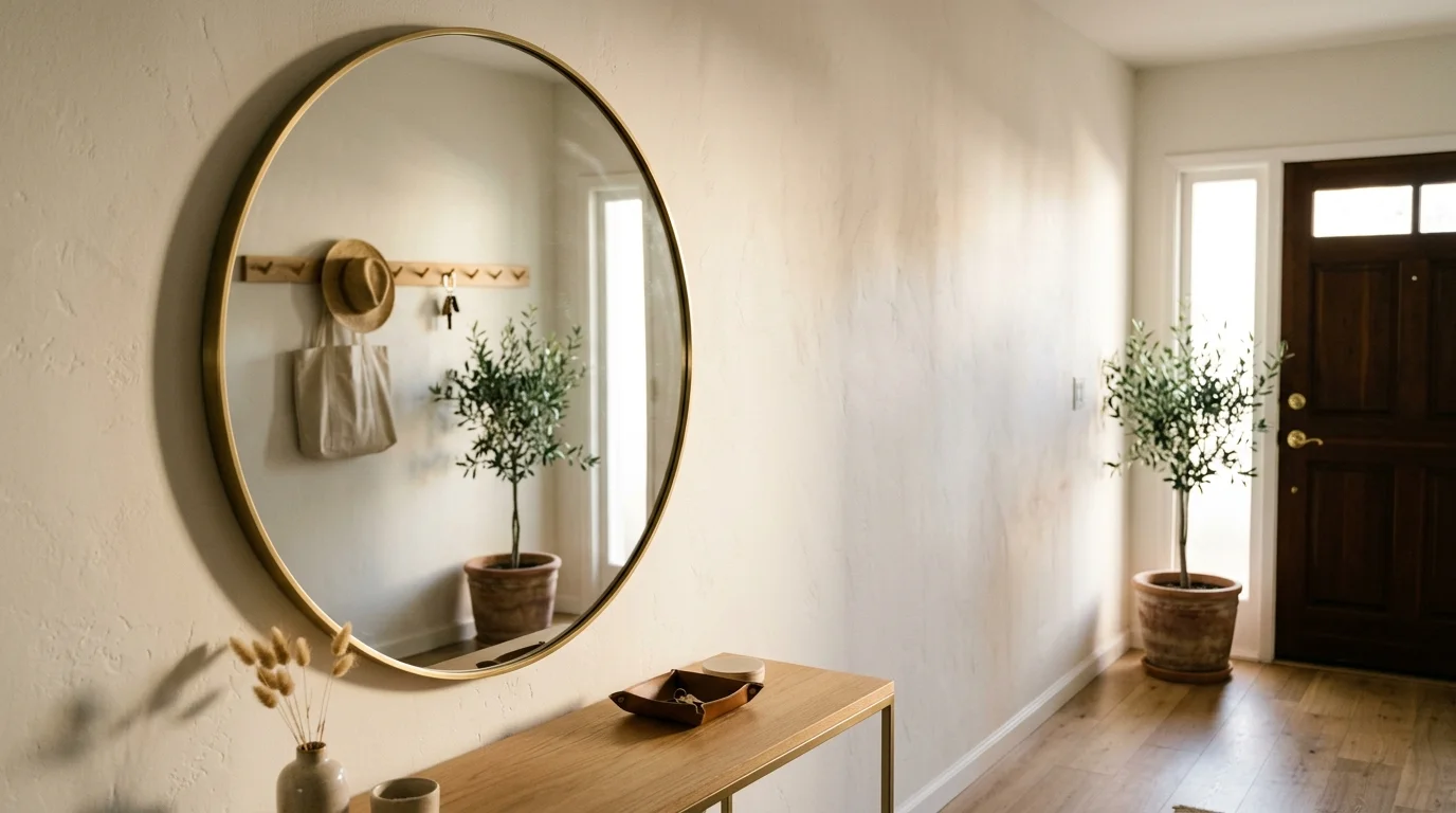 Large round mirror with a brass frame hanging above a wooden console table in a bright entryway with a front door.