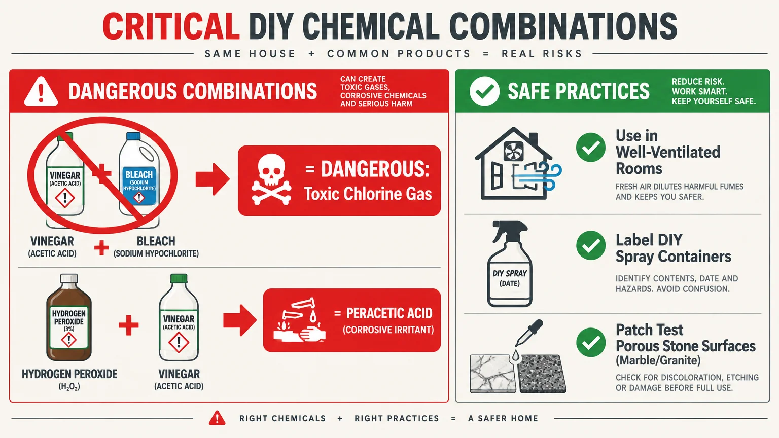 Diagram outlining dangerous DIY chemical combinations like vinegar with bleach, alongside safe cleaning practices.