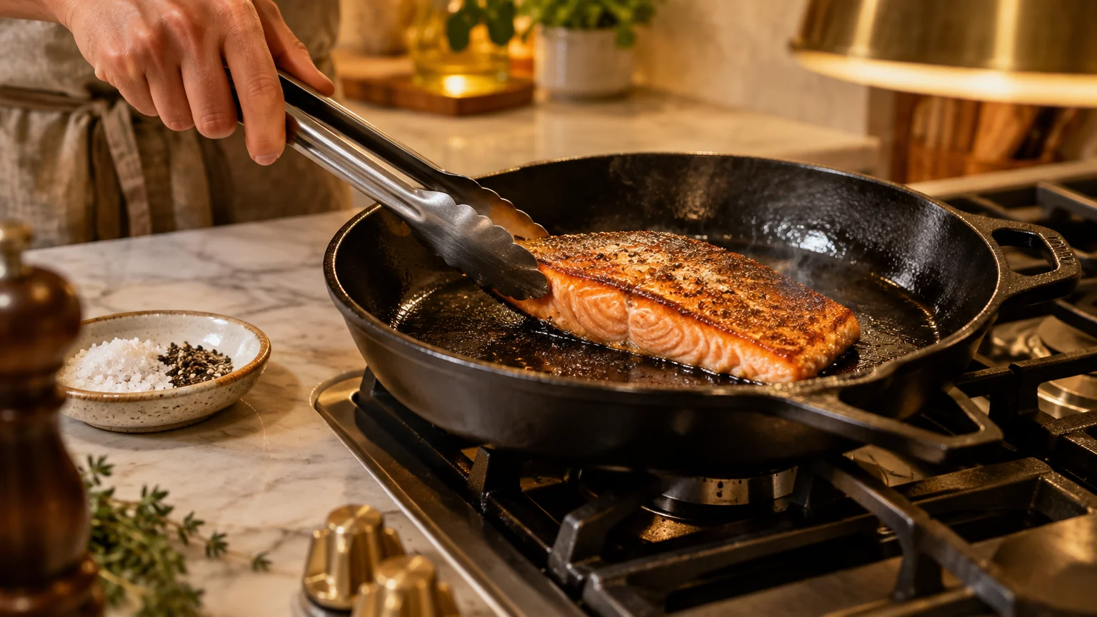 A chef uses metal tongs to lift a seared salmon fillet from a hot cast iron skillet on a gas stove.