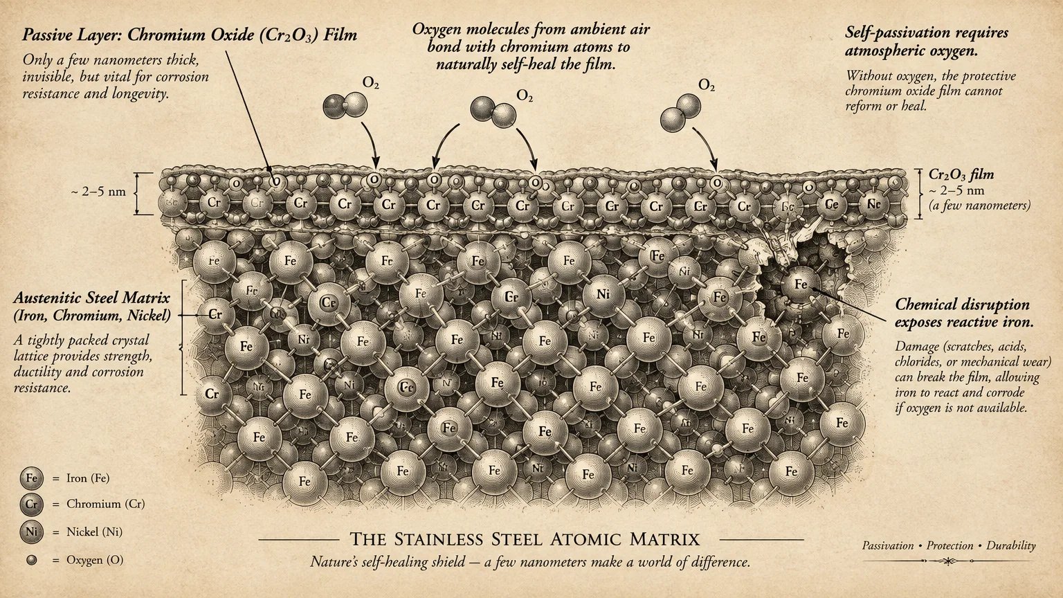 Diagram of a stainless steel atomic lattice showing a chromium oxide surface film bonding with ambient oxygen molecules.
