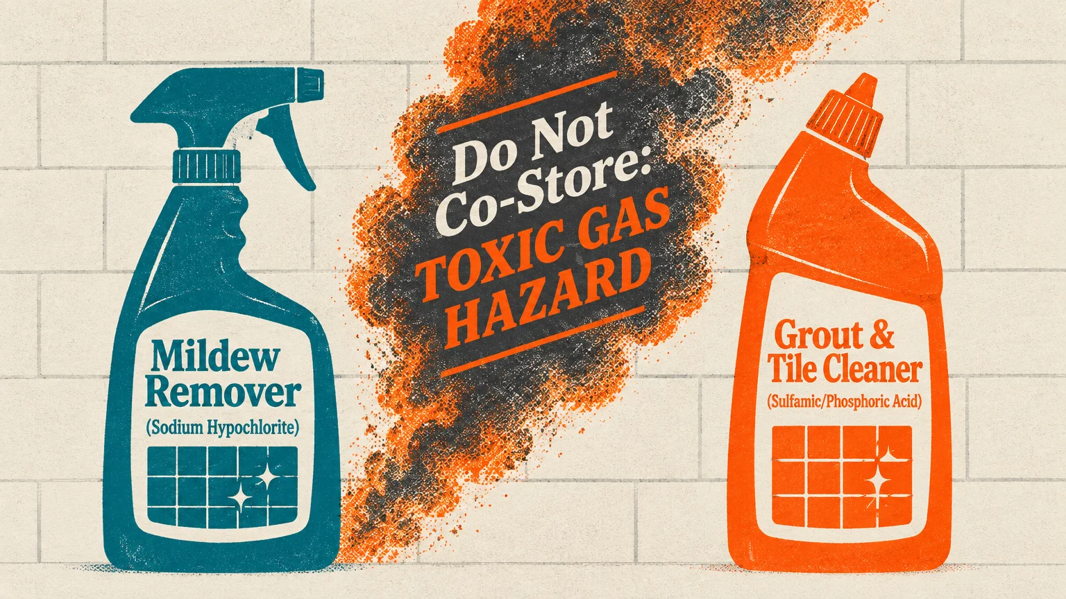 Screenprint illustration of a blue mildew remover spray bottle and an orange tile cleaner bottle with toxic gas between them.