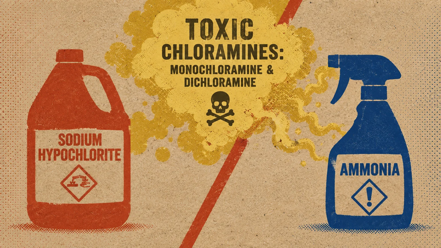 Screenprint illustration of bleach and ammonia bottles flanking a yellow cloud labeled toxic chloramines with a skull icon.