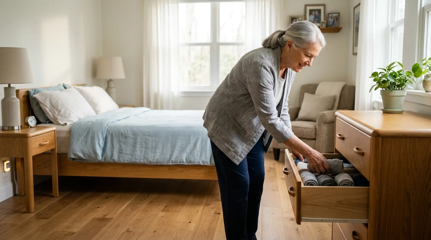 Older woman with gray hair smiling while organizing rolled clothes inside a wooden dresser drawer in a bright bedroom.