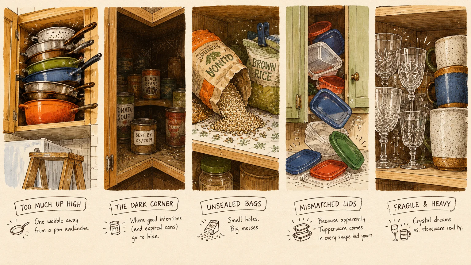 Illustration of five messy cabinet organization mistakes: high pans, dark corner cans, spilled bags, mismatched lids, stacked glassware.