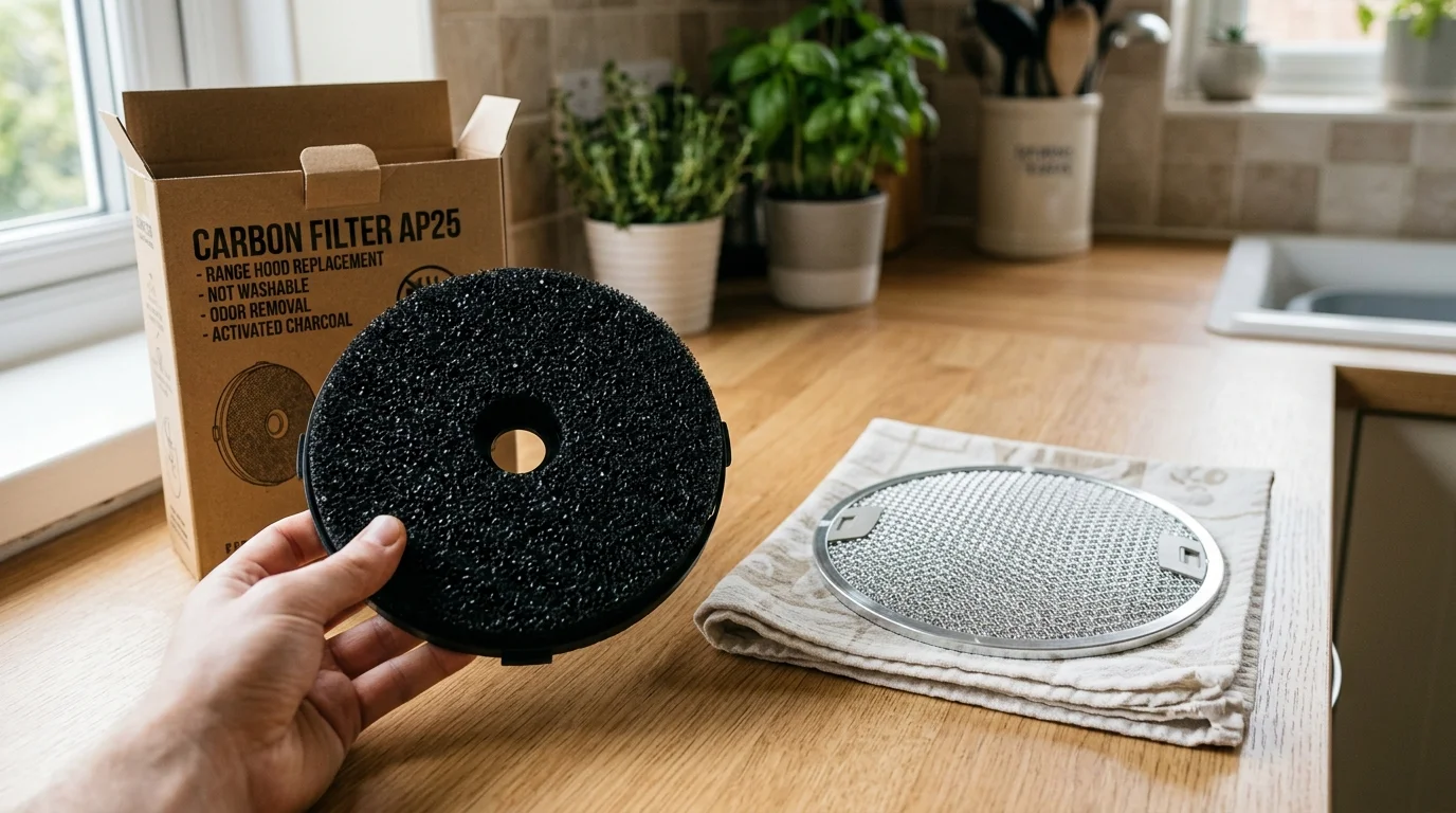A hand holds a round black carbon filter beside its cardboard box and a round metal mesh filter on a countertop.