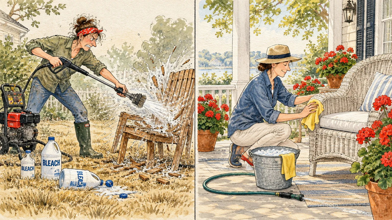 Split illustration of an angry woman power-washing a wooden chair beside bleach, and a woman gently wiping a wicker chair.