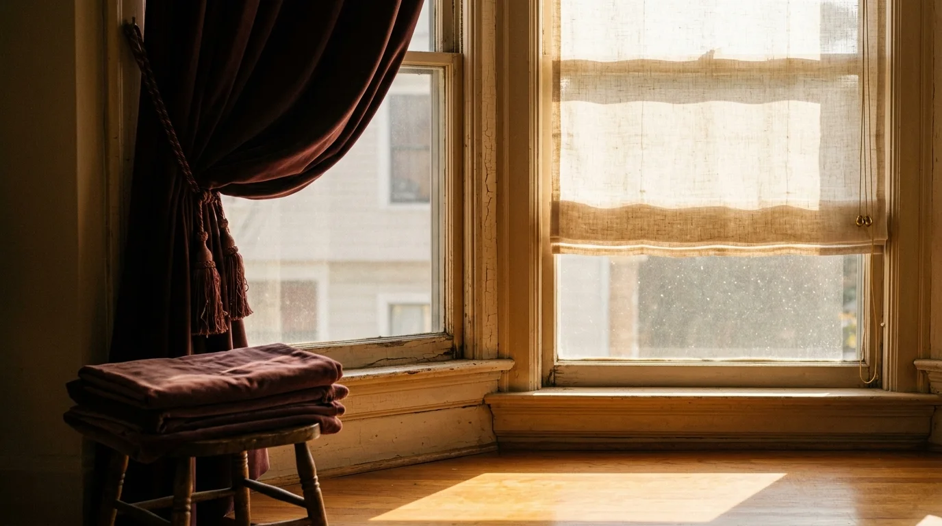 Bay window showing a dark curtain pulled aside next to a window covered by a light-filtering woven shade.