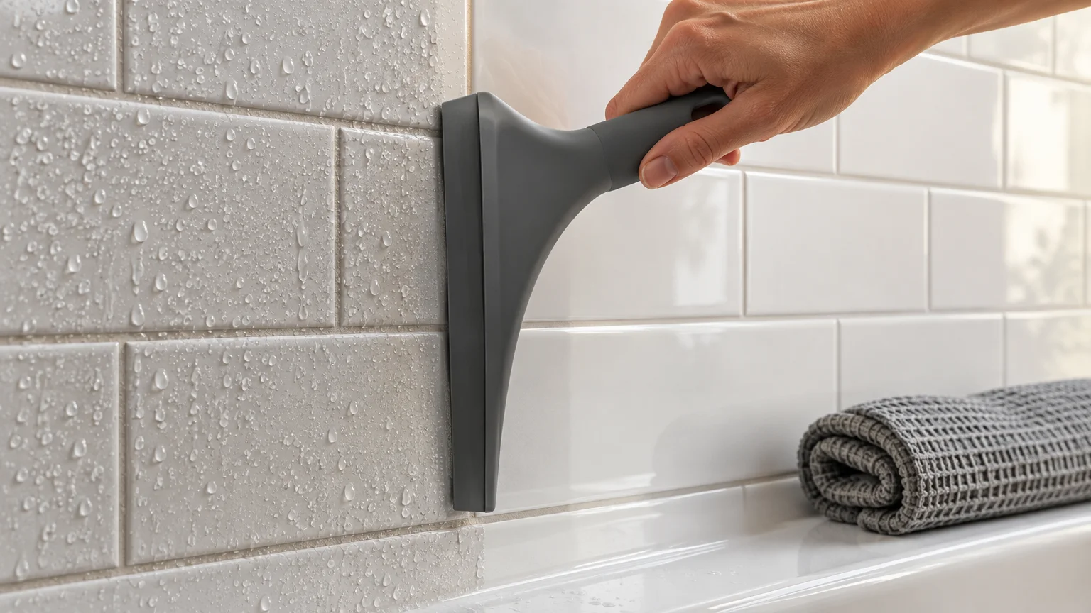 A hand using a gray silicone squeegee to clear water droplets from white subway wall tiles above a bathtub.