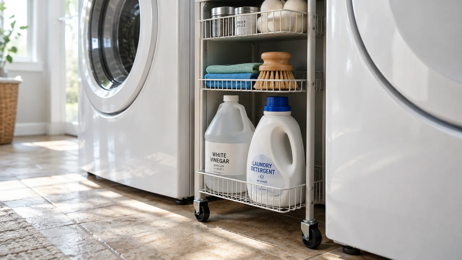 A narrow three-tier metal rolling cart loaded with laundry detergent, vinegar, and supplies sits between washing machines.