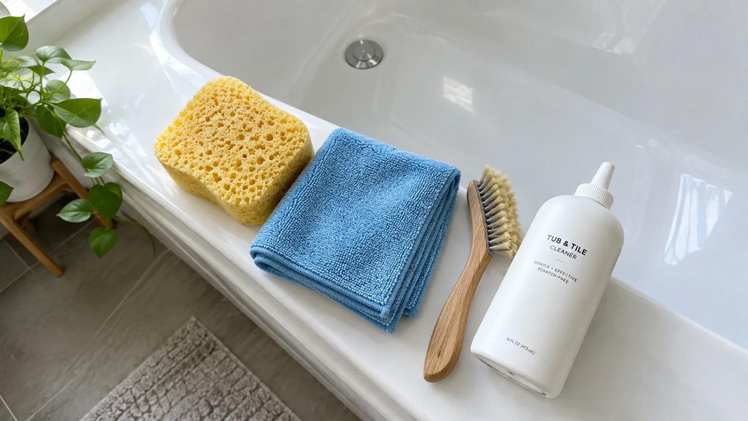 A yellow sponge, folded blue microfiber cloth, small cleaning brush, and white cleaner bottle resting on a bathtub ledge.