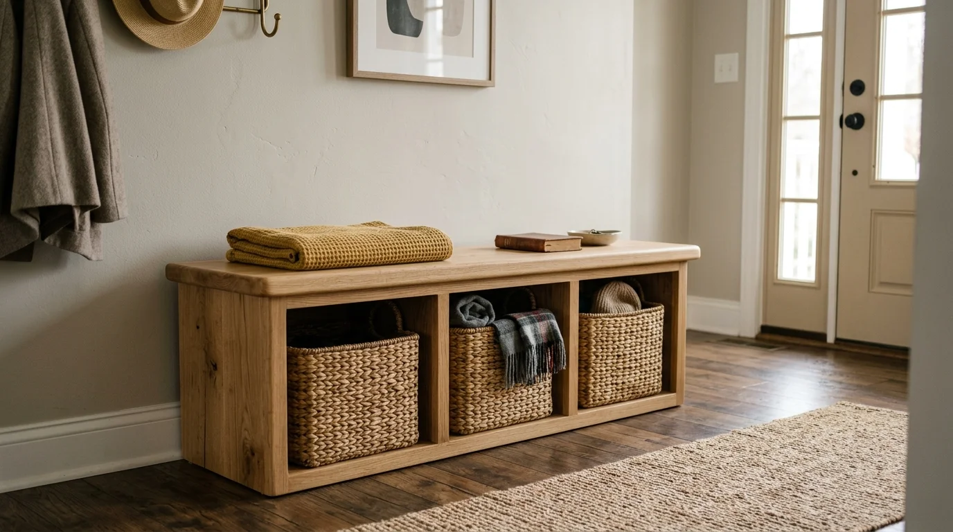 A wooden entryway bench with three woven baskets in lower cubbies, a folded yellow blanket, and a book on top.