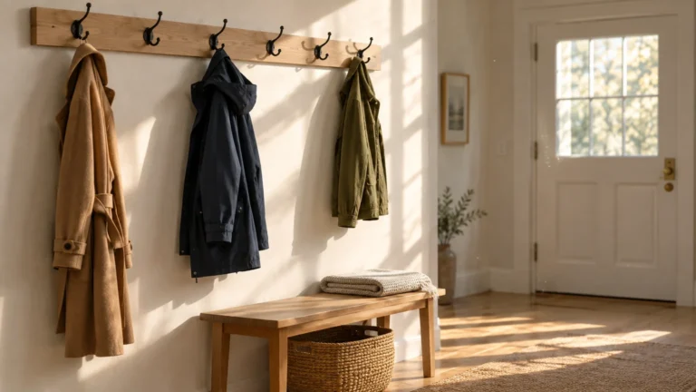 A sunlit entryway featuring coats hung on a wooden wall rack above a bench with a woven basket underneath.
