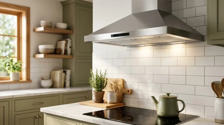 Stainless steel range hood above a glass cooktop with a steaming green kettle and white subway tile backsplash.