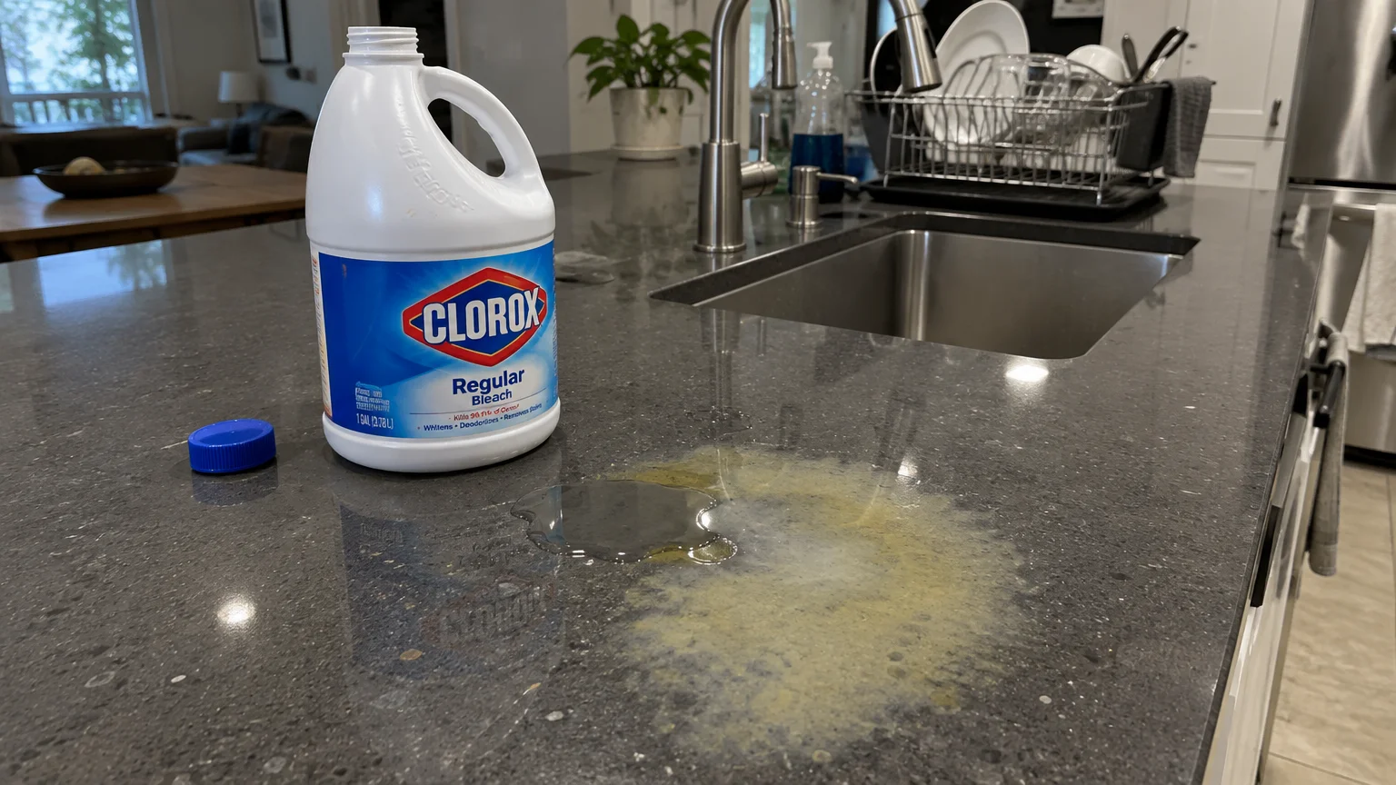 Open bottle of Clorox bleach beside a spilled liquid that has discolored a dark stone kitchen countertop.