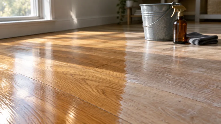 Hardwood floor split between a glossy, warm finish and a dull, faded surface beside a metal bucket and spray bottle.