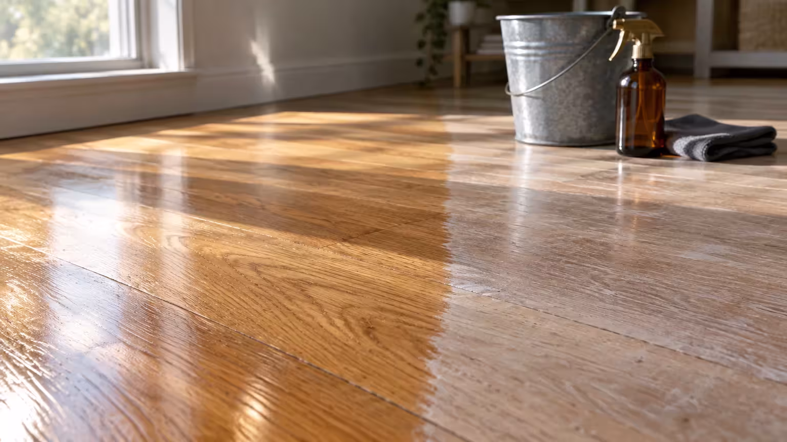 Hardwood floor split between a glossy, warm finish and a dull, faded surface beside a metal bucket and spray bottle.