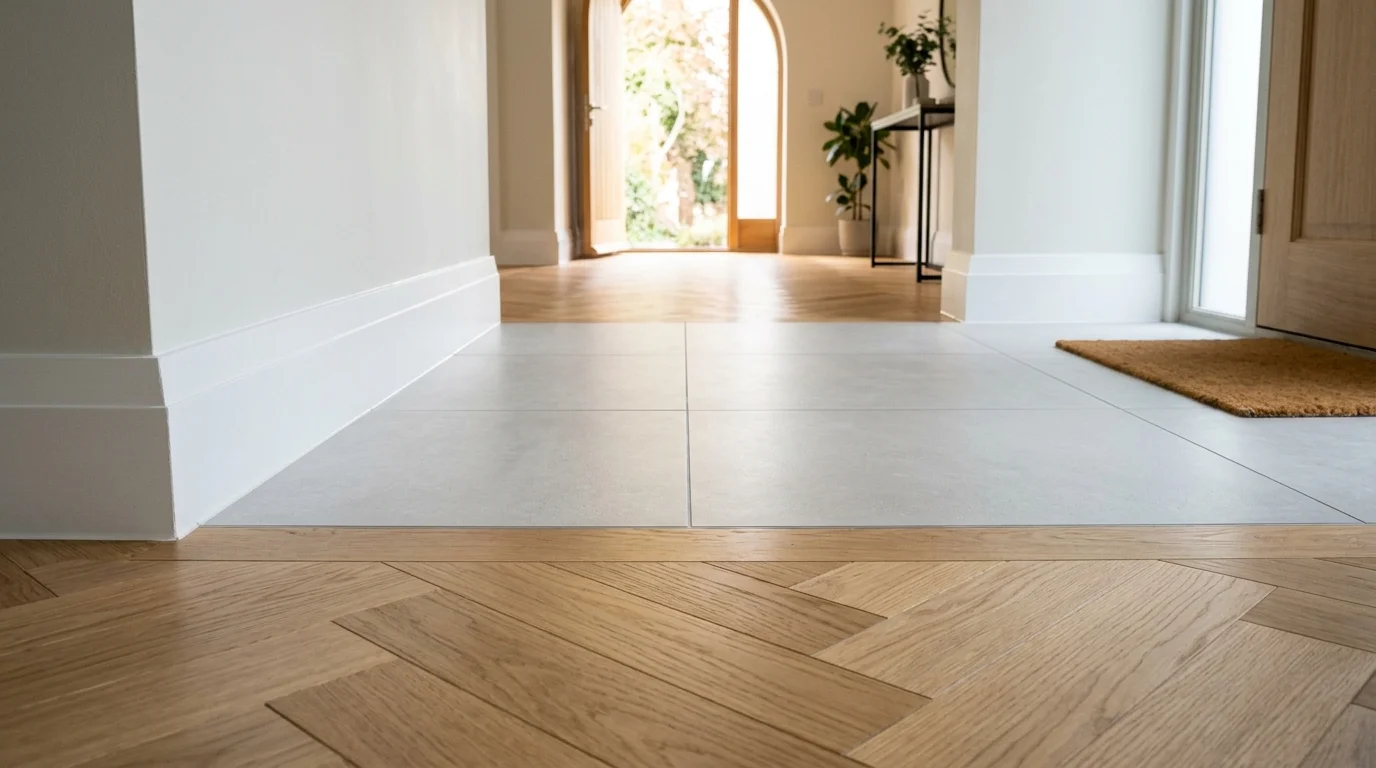 Entryway transition from herringbone wood flooring to grey tile, bordered by white baseboards leading toward an open door.