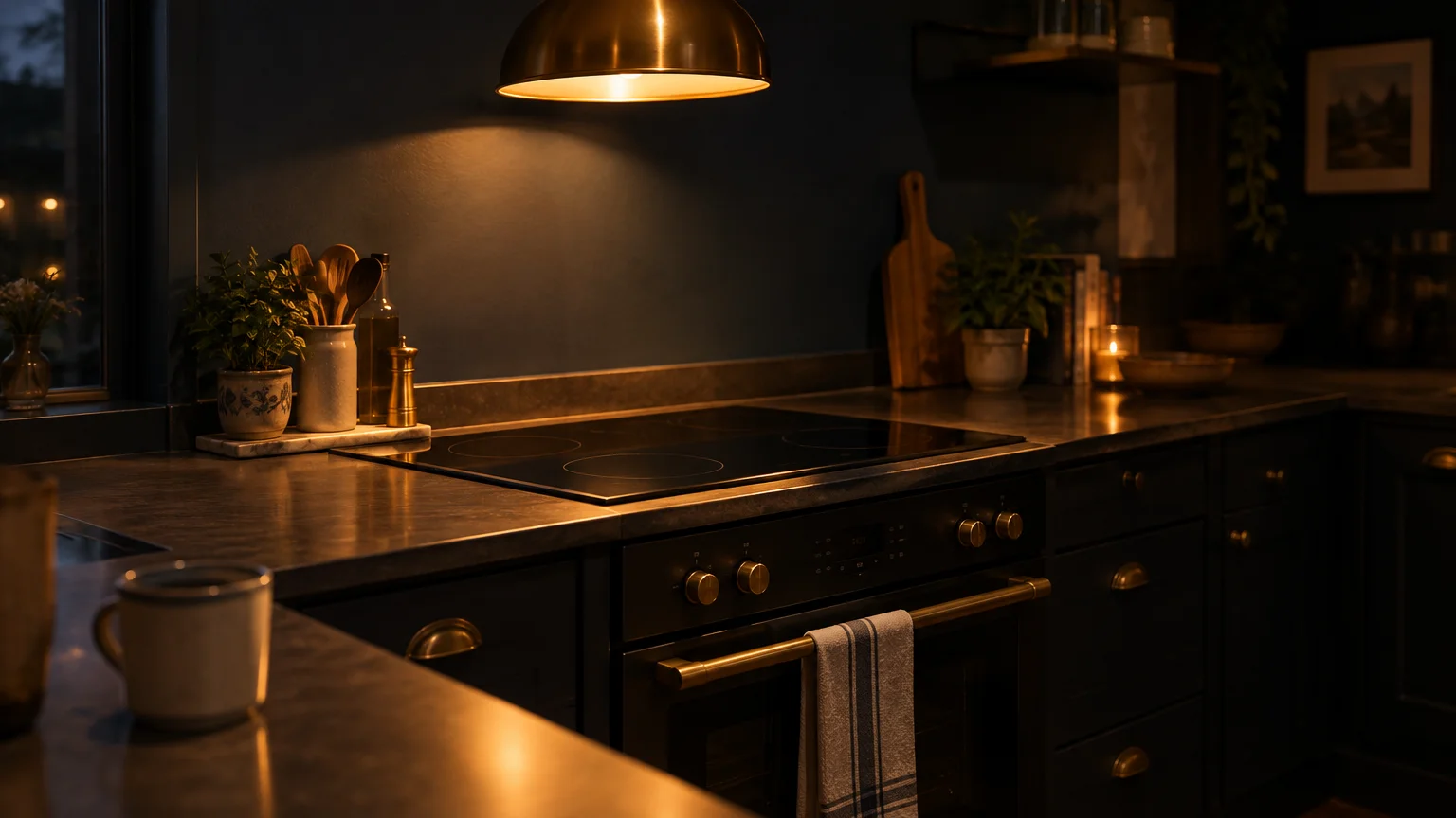 Dark kitchen at night with a clean electric cooktop illuminated under a warm brass pendant light.