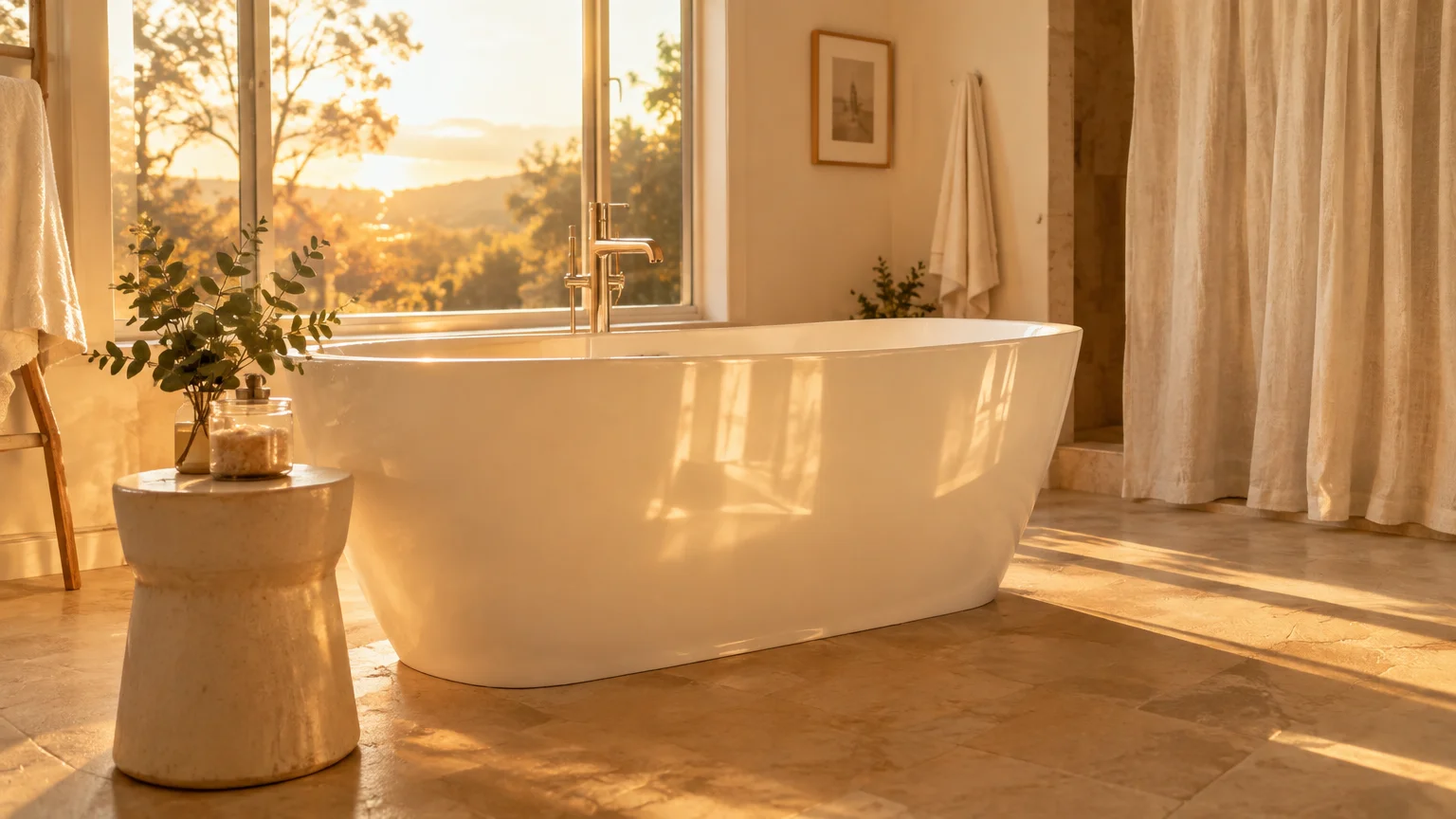 A freestanding white bathtub bathed in warm sunset light beside a large window overlooking trees.