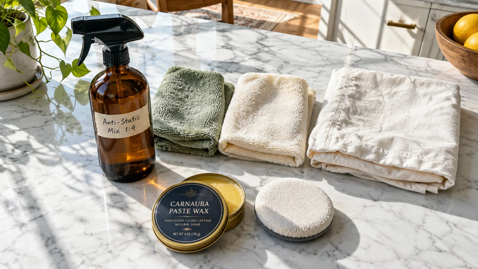 Amber spray bottle labeled anti-static mix beside folded towels, carnauba paste wax, and a folded pillowcase on marble.