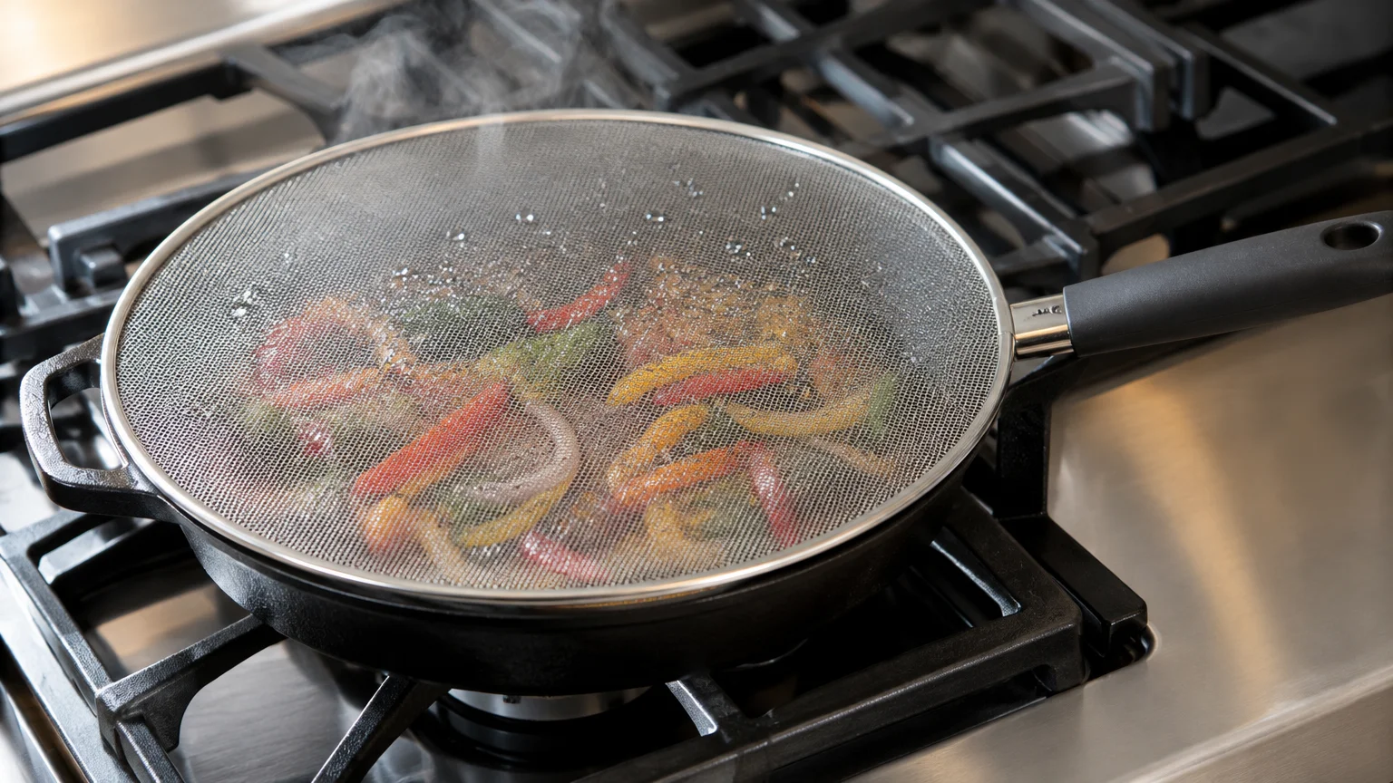 A round fine-mesh splatter screen resting over a skillet of cooking sliced peppers on a gas stovetop.