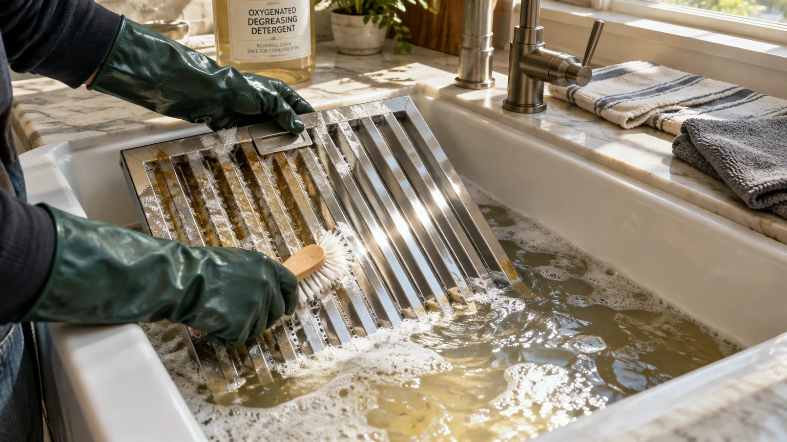 Gloved hands scrubbing a metal range hood baffle filter with a brush in a sink full of soapy water.