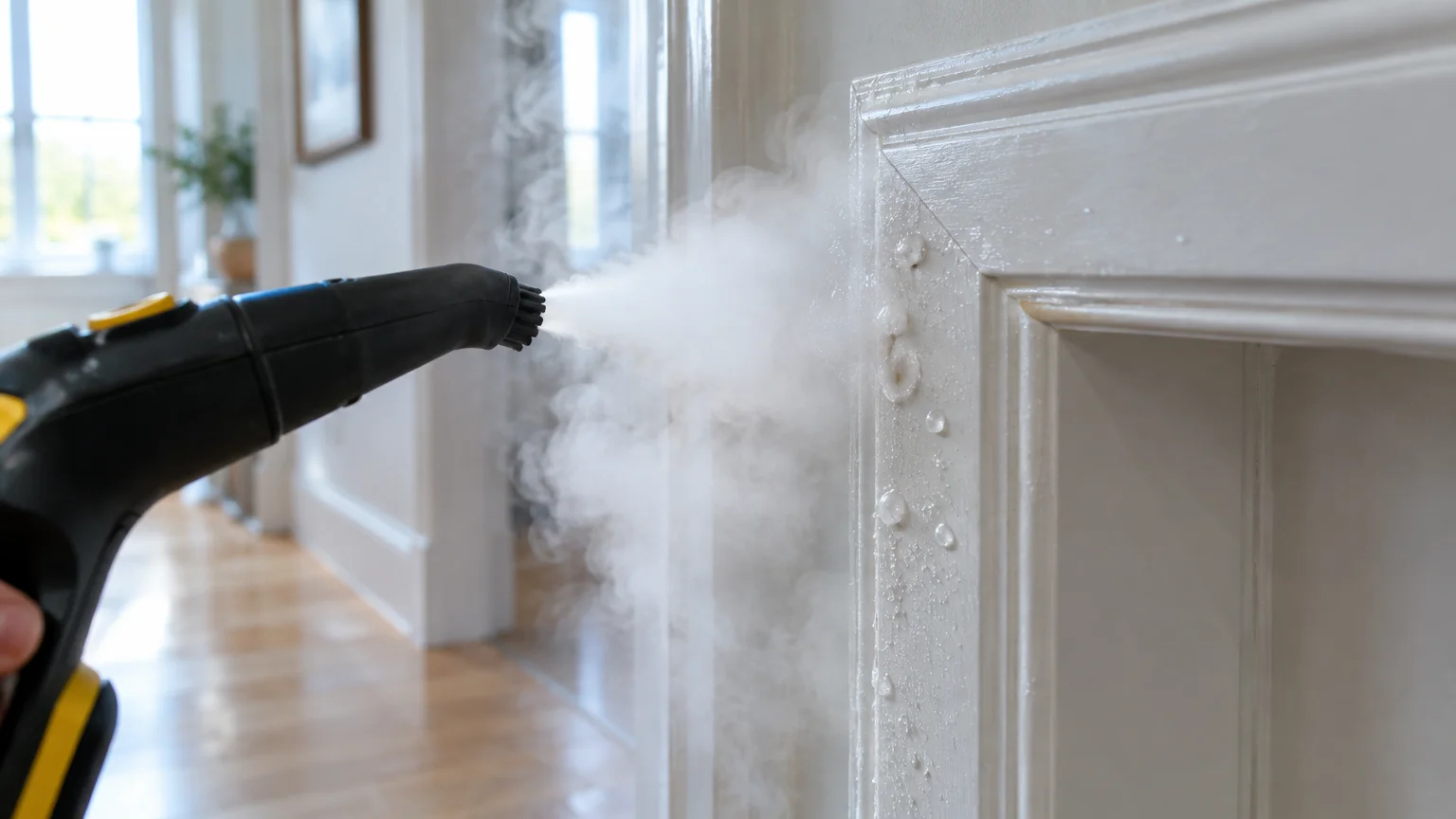 A handheld steam cleaner spraying hot vapor directly onto white painted door trim, causing water droplets to form.
