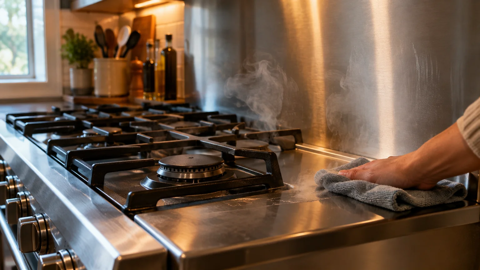 A hand wiping a steaming hot stainless steel gas cooktop surface with a grey cloth.